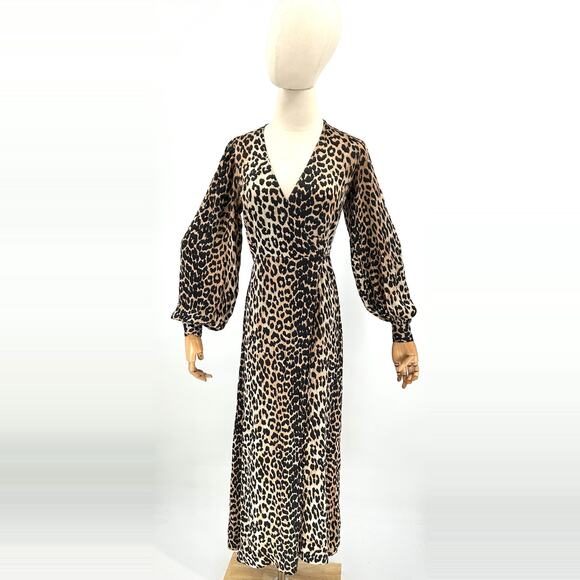 knee length dresses for ladies GANNI leopard print long dress with signature ruffled collar – BOREAL REBORN main image 1